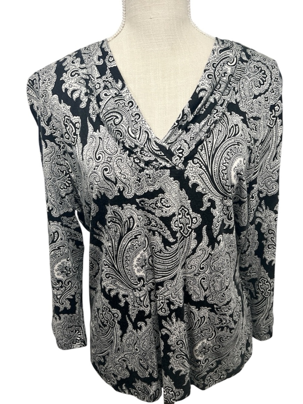 NWOT Talbots Black & White Paisley V Neck Blouse Size XL